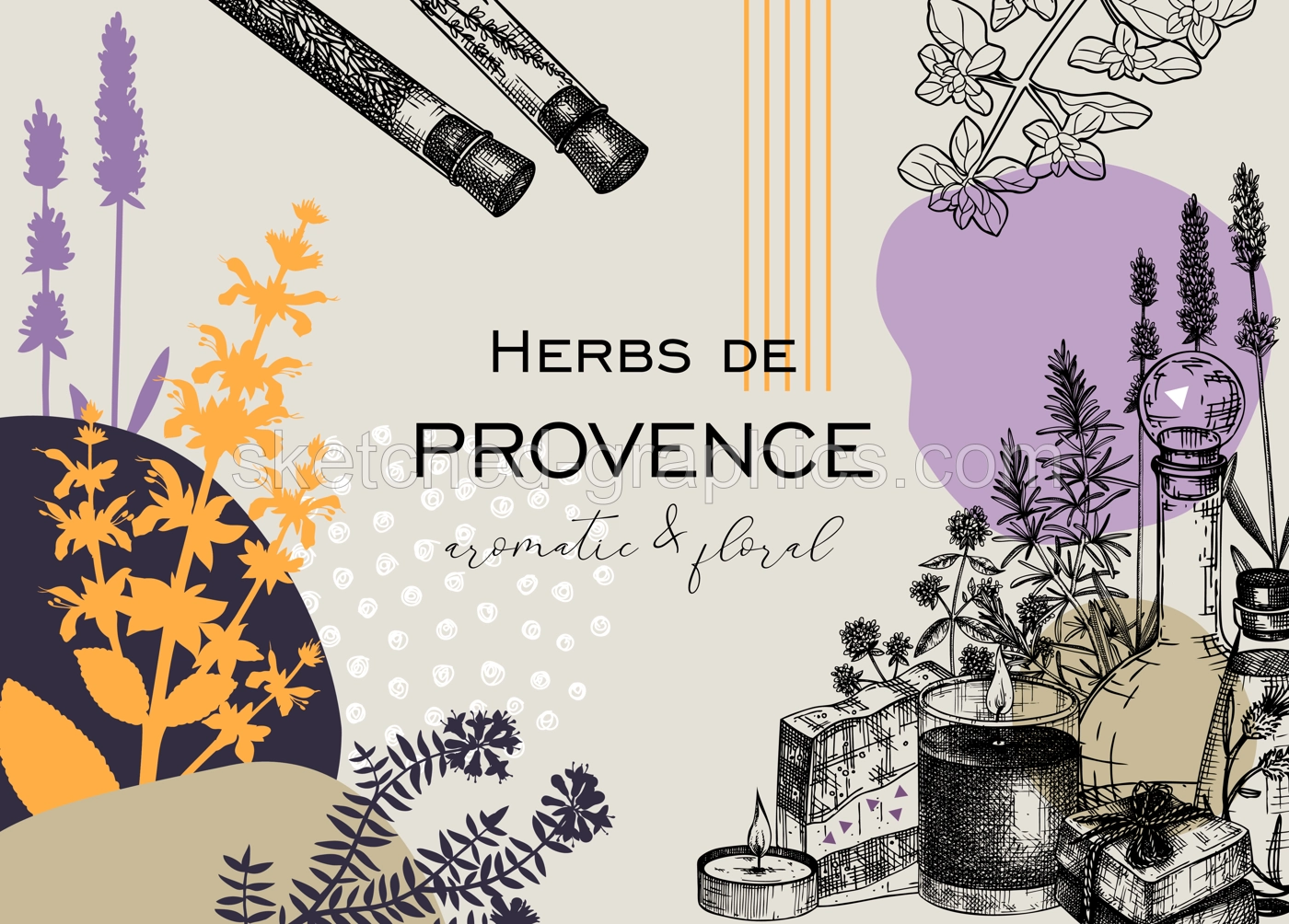 Collage-style Provence herbs background. Herbal plant sketch, hand drawn vector illustrations. Artistic frame for cosmetics packaging, perfumery labels, soap or candle making. NOT AI generated Illustration